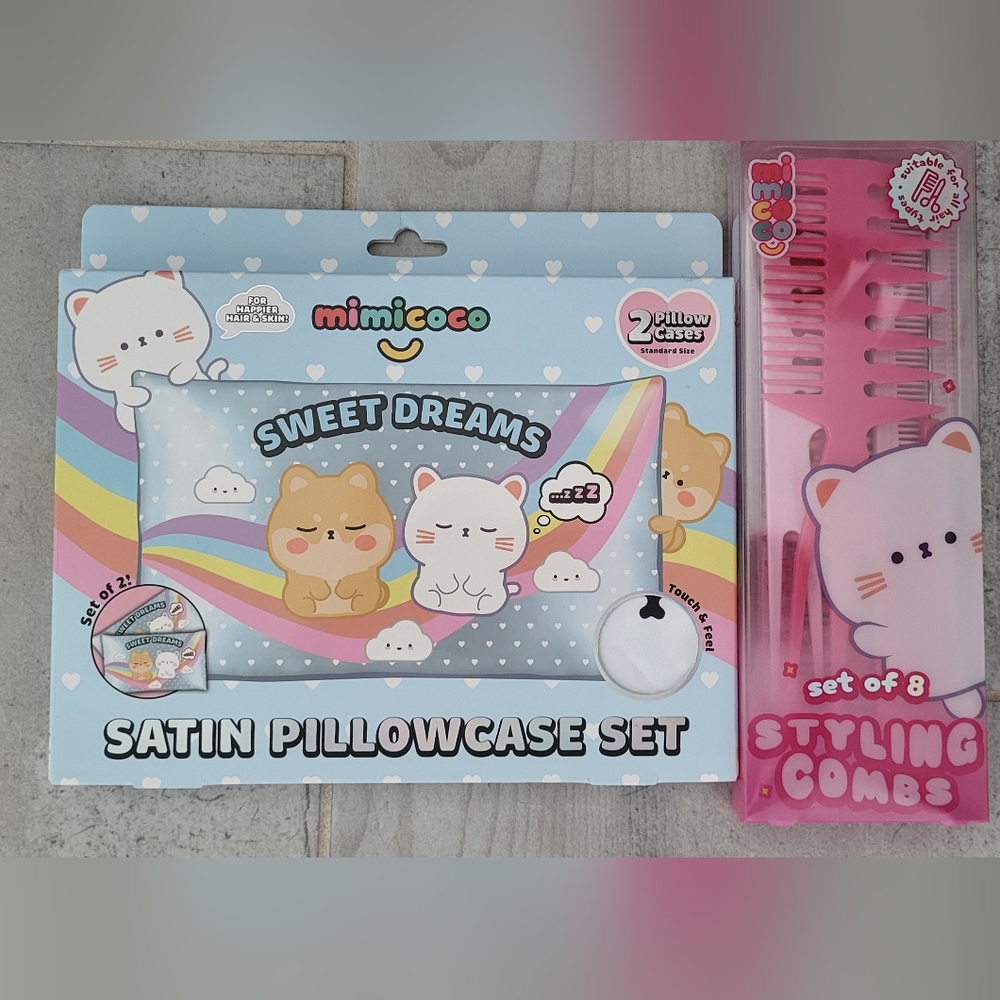 Kawii Cats Satin Pillowcase Set with Styling Combs Bundle- By Mimicoco NEW